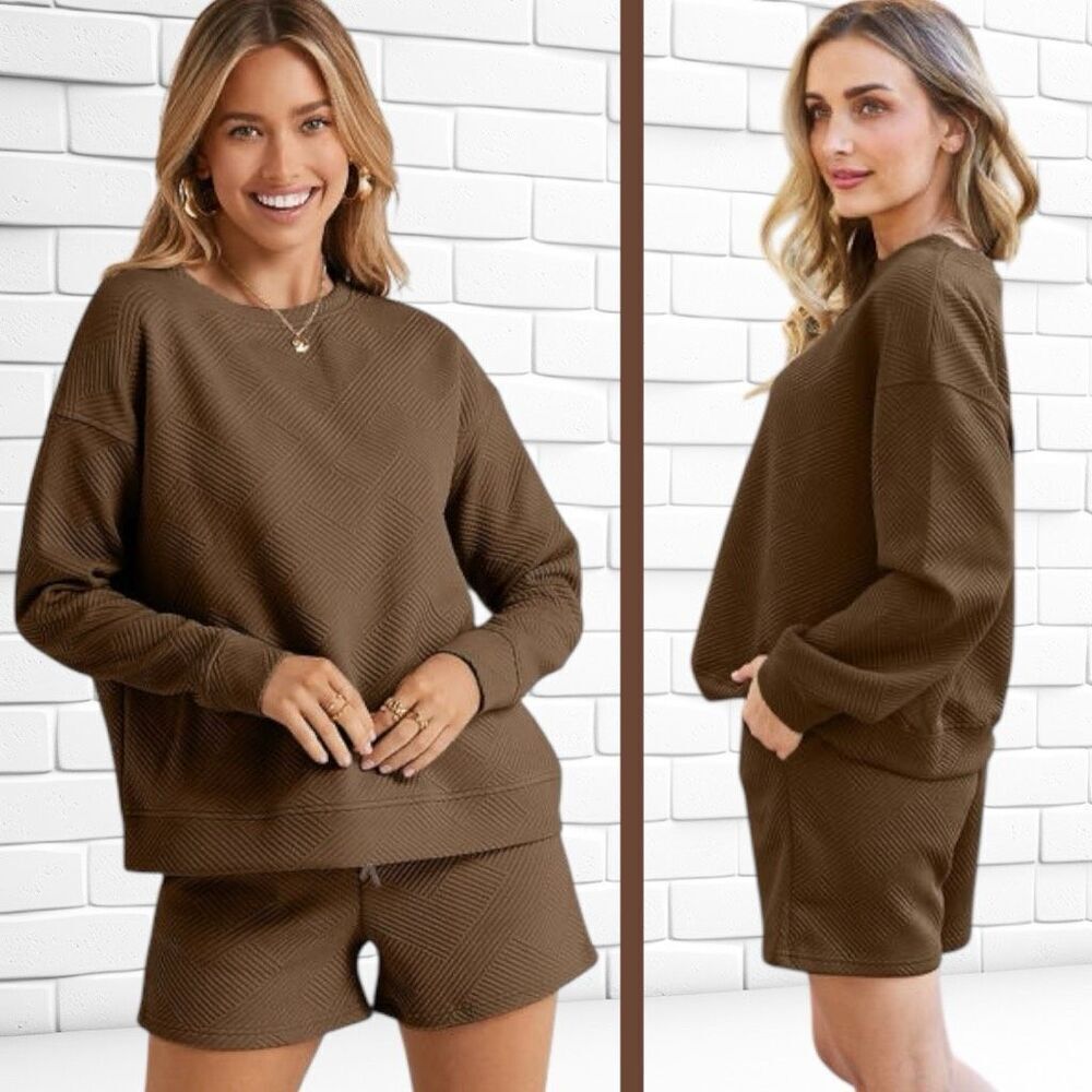 Boutique Brown Texture Long Sleeve Top and Shorts Lounge Set NWT - Picture 7 of 15